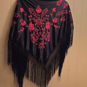 Elegant Black and Red Embroidered Scarf